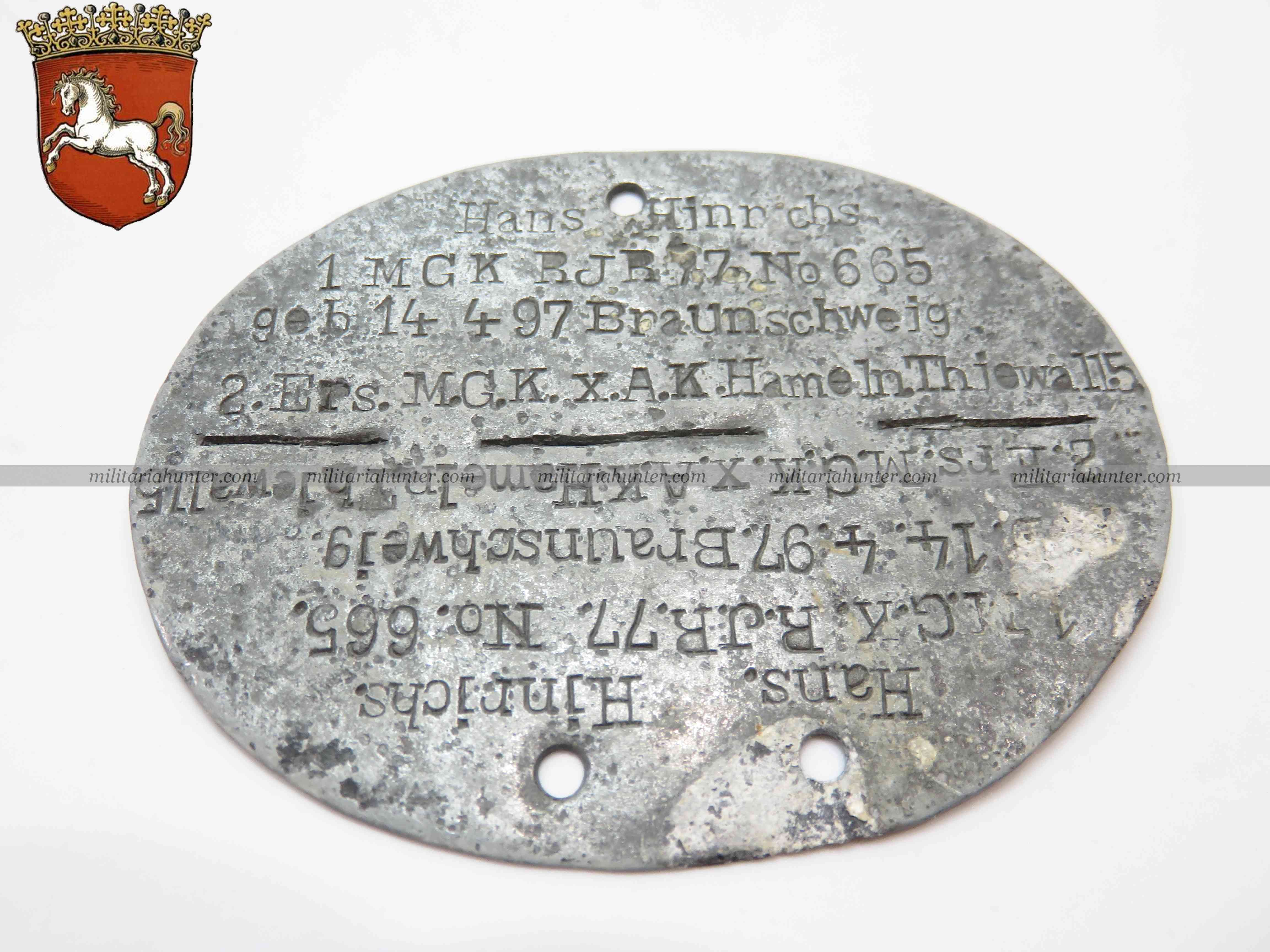 militaria : Plaque d'identité mitrailleur MGK RJR77 Hannover et X A.K.